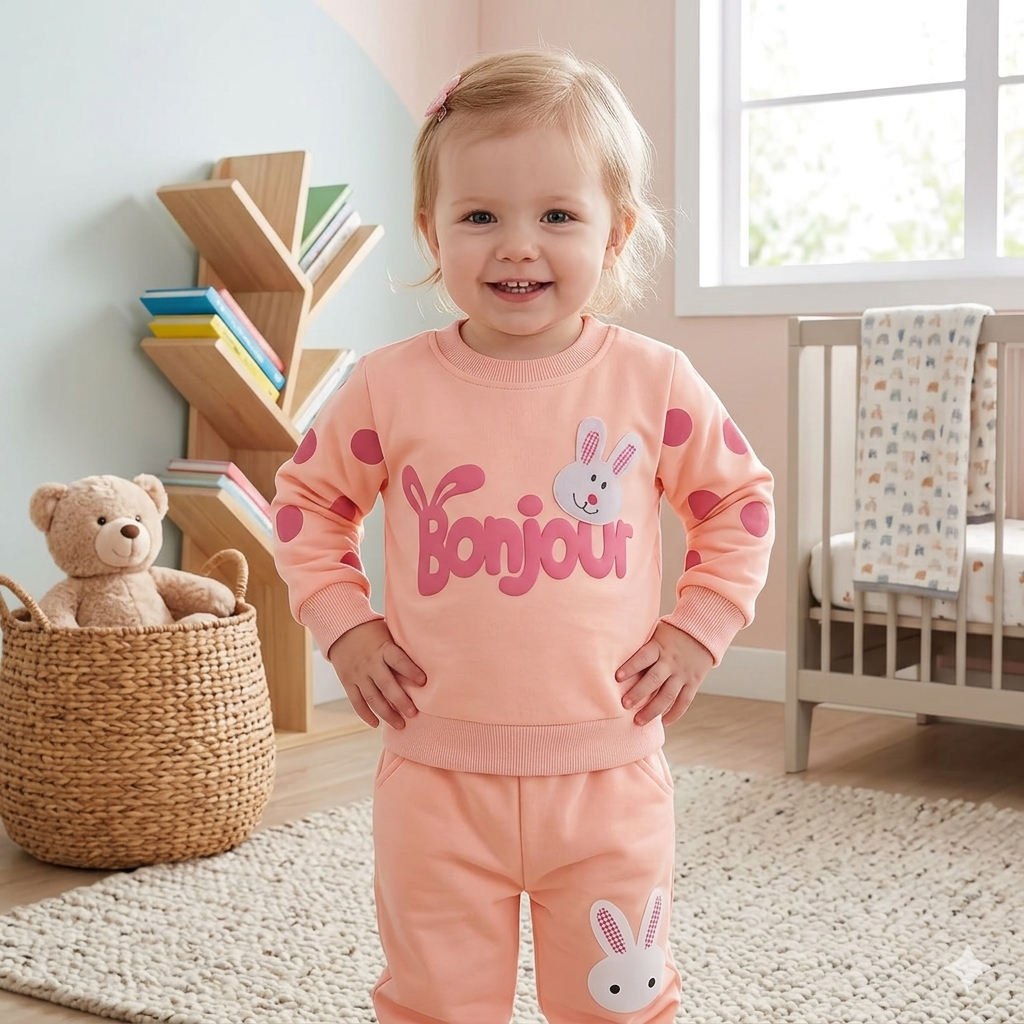 Bonjour Bunny Sweatshirt & Pants Set – Peach Pink (1–10 Years)