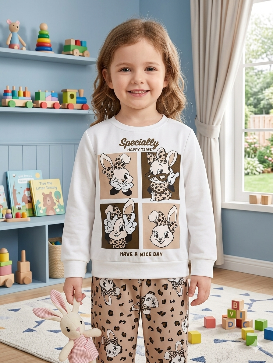 Happy Time Bunny Sweatshirt & Pants Set – White & Beige (1–10 Years)