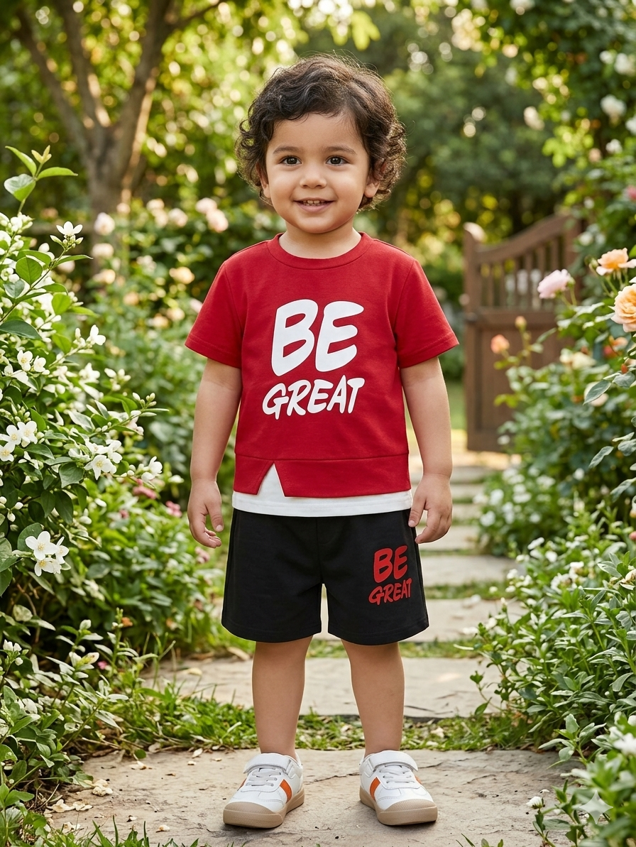 Be Great” T-Shirt & Shorts Set – Red & Black (1–10 Years)
