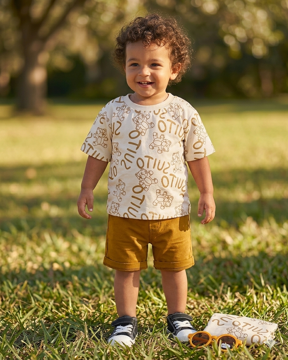 Cartoon Bear “SUITO” T-Shirt & Shorts Set – Cream & Mustard Brown (1–10 Years)