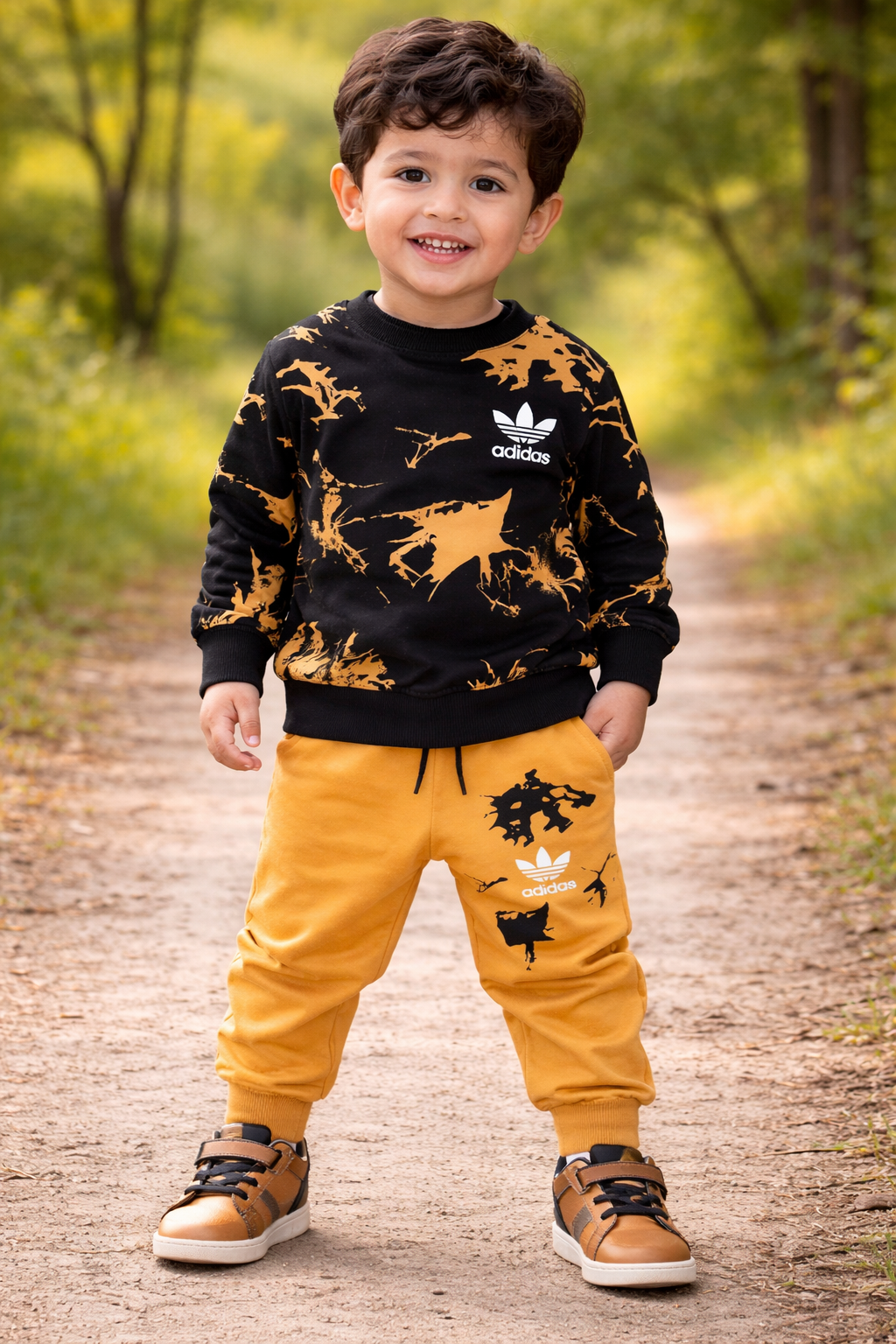 Adidas Splatter Style Sweatshirt & Jogger Set – Black & Mustard (1–10 Years)